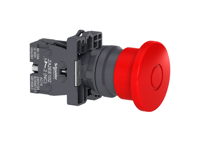 Botão de desligamento de emergência Ø22mm plástico, cogumelo Ø40mm, vermelho, puxar para destravar, NF