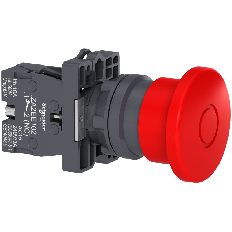 Botão de desligamento de emergência Ø22mm plástico, cogumelo Ø40mm, vermelho, puxar para destravar, NF