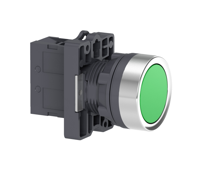 Botão Ø22mm plástico, retorno por mola, verde, NA