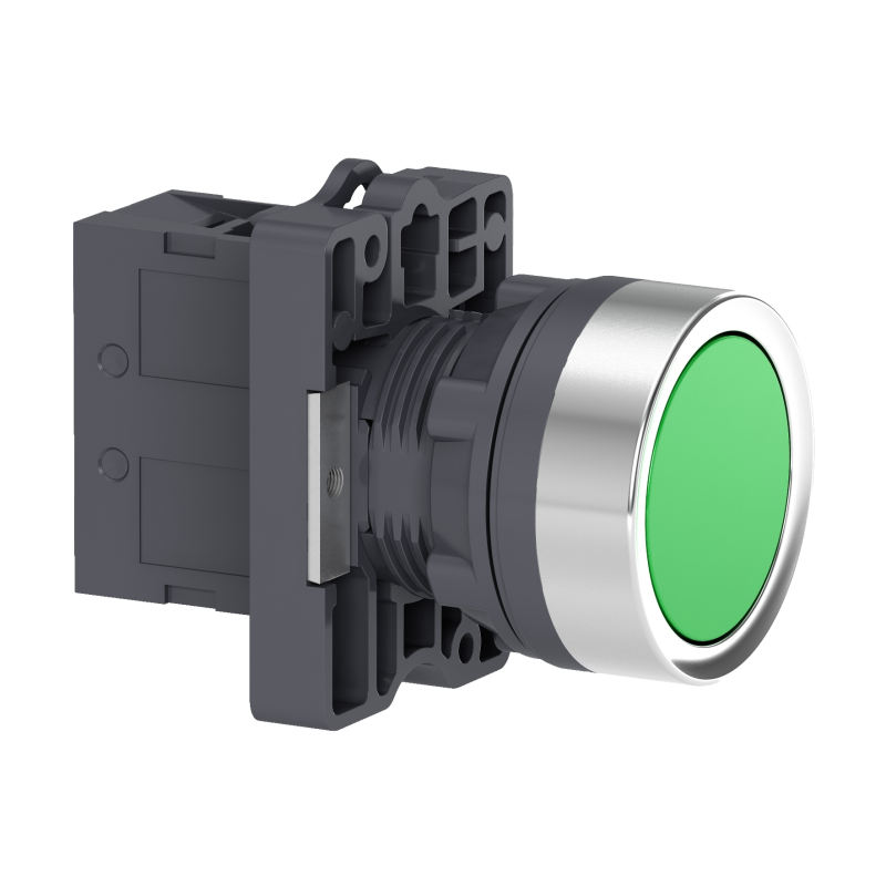 Botão Ø22mm plástico, retorno por mola, verde, NA
