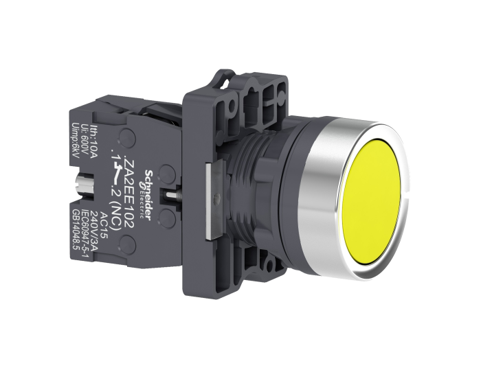 Botão Ø22mm plástico, retorno por mola, amarelo, NA