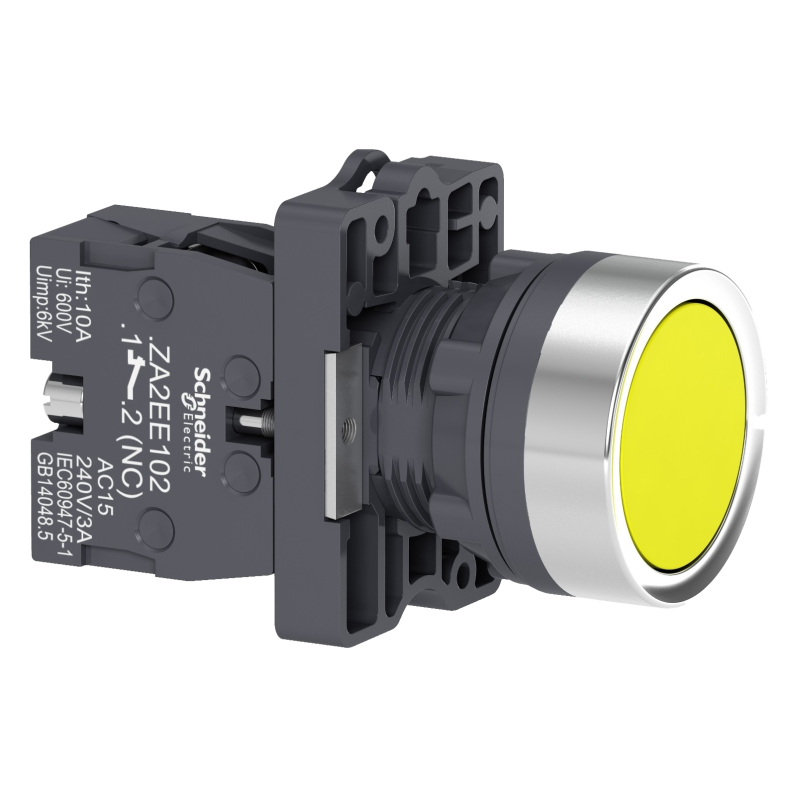 Botão Ø22mm plástico, retorno por mola, amarelo, NA
