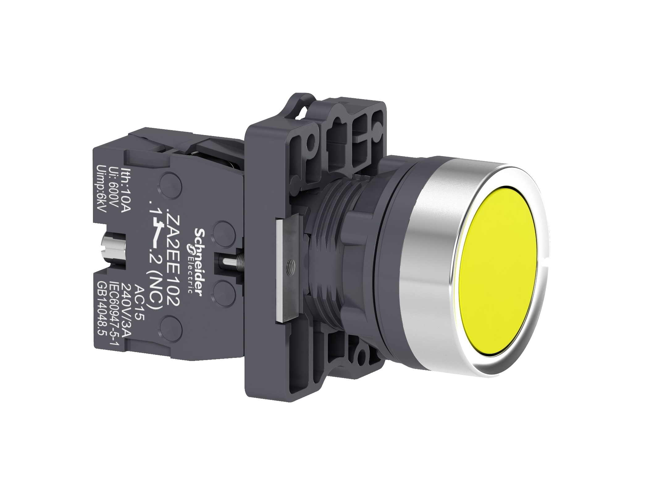 Botão Ø22mm plástico, retorno por mola, amarelo, NA