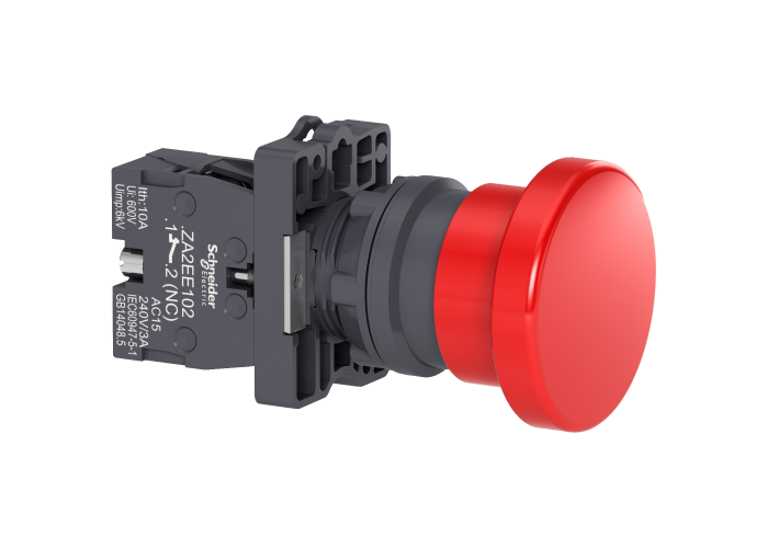 Botão Ø22mm plástico., retorno por mola, cogumelo Ø40, vermelho, NF