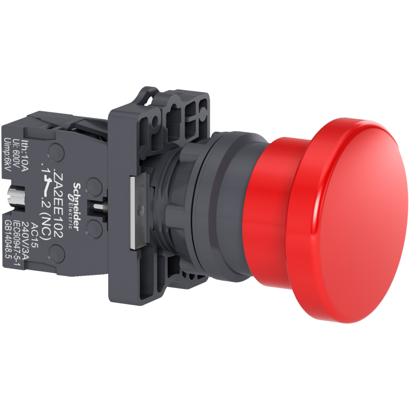 Botão Ø22mm plástico., retorno por mola, cogumelo Ø40, vermelho, NF