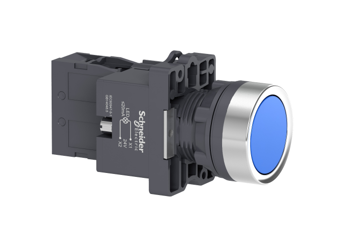 Botão luminoso Ø22mm plástico, retorno por mola, azul, NA, 24VCA/CC