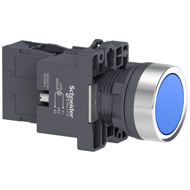 Botão luminoso Ø22mm plástico, retorno por mola, azul, NA, 24VCA/CC