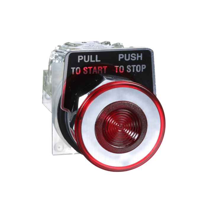 Botão Ø30mm metálico, cogumelo Ø41mm, empurrar-puxar, vermelho, NA+NF