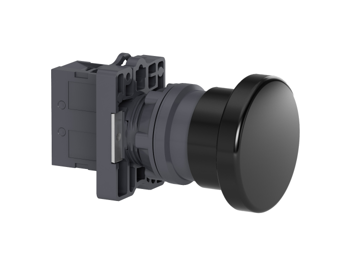 Botão Ø22mm plástico, retorno por mola, cogumelo Ø40, preto, NA