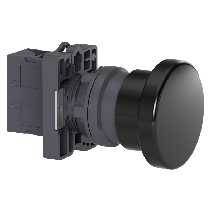 Botão Ø22mm plástico, retorno por mola, cogumelo Ø40, preto, NA