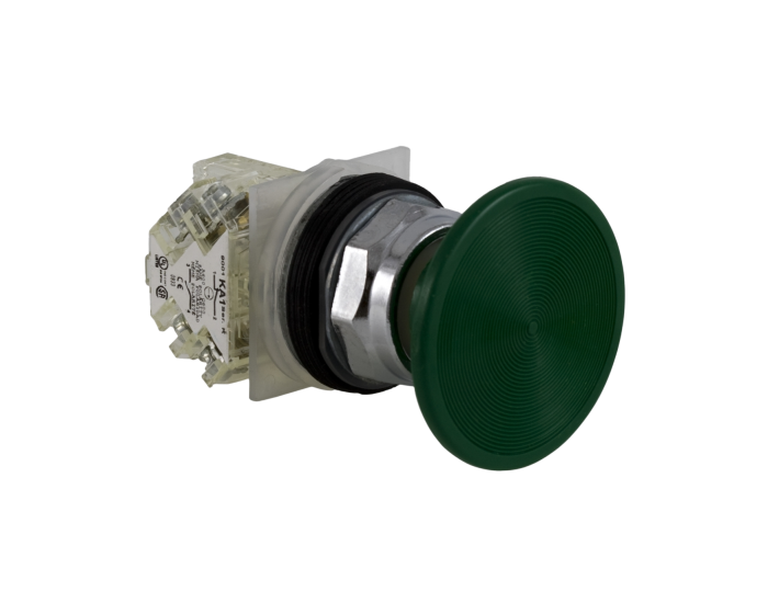 Cabeçote para botão Ø30mm metálico, cogumelo Ø57mm, verde, NA+NF
