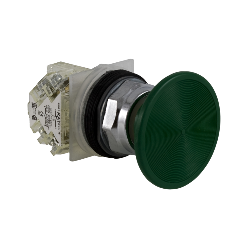 Cabeçote para botão Ø30mm metálico, cogumelo Ø57mm, verde, NA+NF