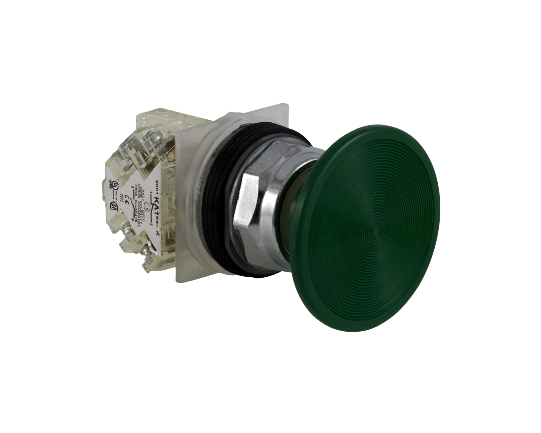 Cabeçote para botão Ø30mm metálico, cogumelo Ø57mm, verde, NA+NF