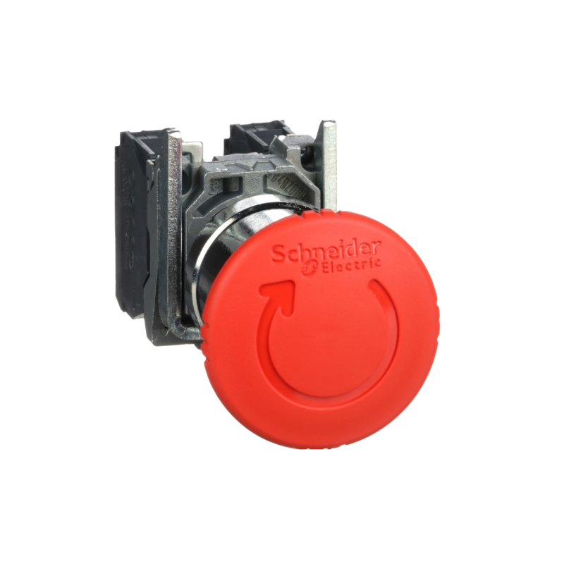 Botão Ø22mm metálico, emergência, girar para destravar, cogumelo Ø40mm, vermelho, NA+NF