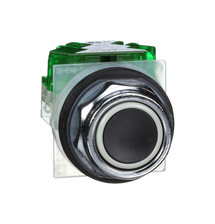 Botão Ø30mm metálico, retorno por mola, preto, NA