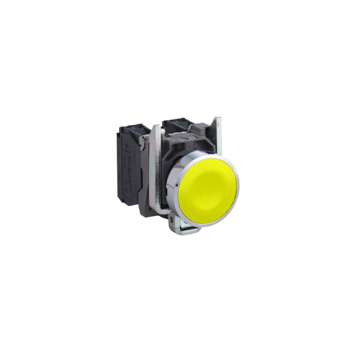 Botão Ø22mm metálico, retorno por mola, amarelo, NA