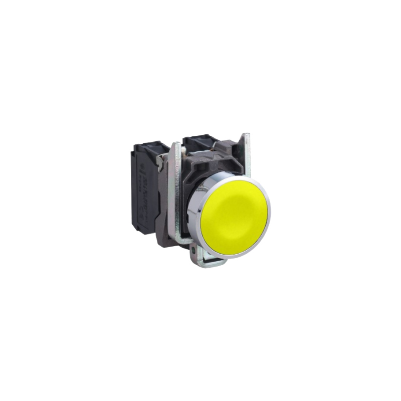 Botão Ø22mm metálico, retorno por mola, amarelo, NA