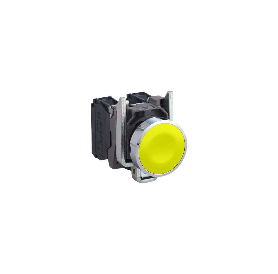 Botão Ø22mm metálico, retorno por mola, amarelo, NA