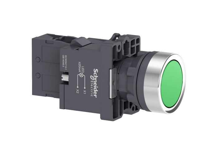 Botão luminoso Ø22mm plástico, retorno por mola, verde, NA, 220VCA