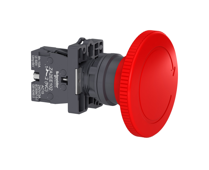 Botão de desligamento de emergência Ø22mm plástico, cogumelo Ø60mm, vermelho, girar para destravar, NF