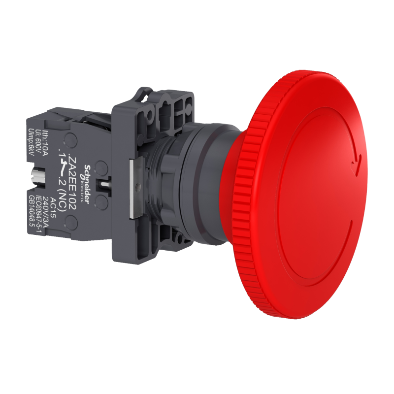 Botão de desligamento de emergência Ø22mm plástico, cogumelo Ø60mm, vermelho, girar para destravar, NF