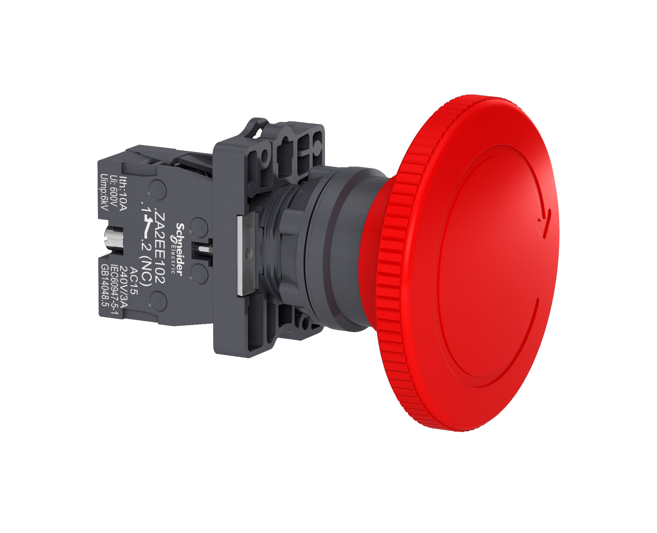 Botão de desligamento de emergência Ø22mm plástico, cogumelo Ø60mm, vermelho, girar para destravar, NF