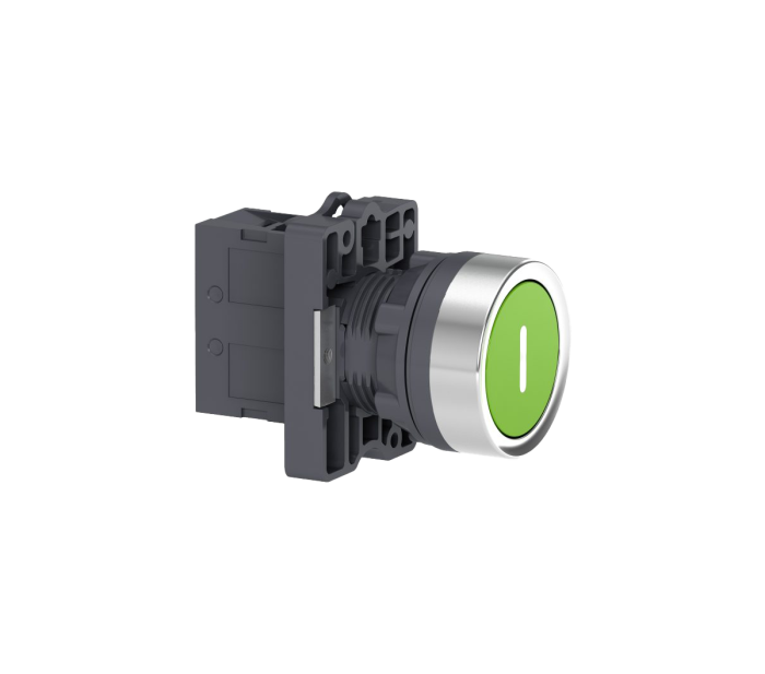 Botão Ø22mm plástico, retorno por mola, verde, gravação "I", NA