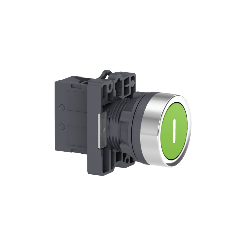 Botão Ø22mm plástico, retorno por mola, verde, gravação "I", NA