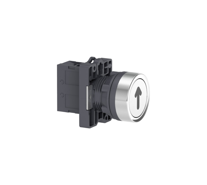 Botão Ø22mm plástico, retorno por mola, branco, gravação "↑", NA