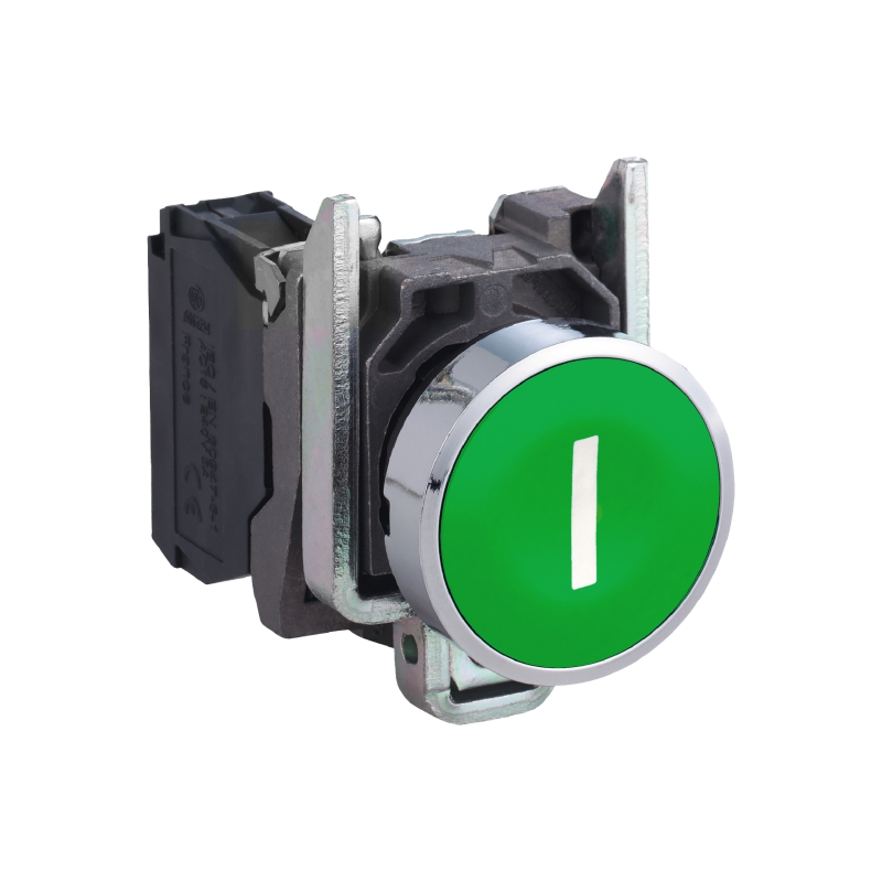 Botão Ø22mm metálico, retorno por mola, verde, "I", NA