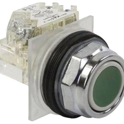Botão Ø30mm metálico, retorno por mola, verde, NA