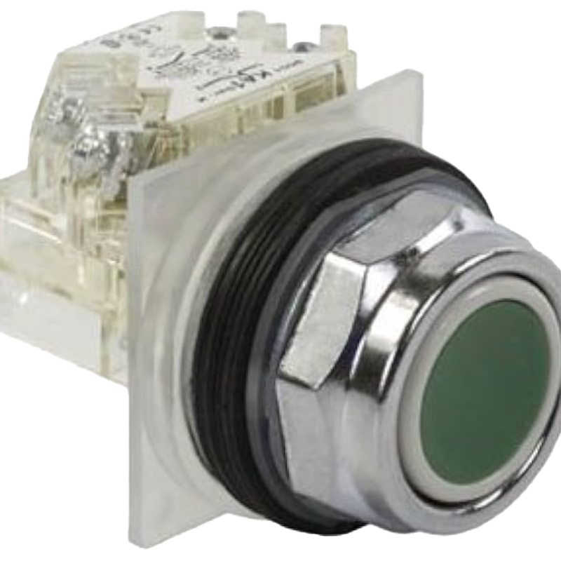 Botão Ø30mm metálico, retorno por mola, verde, NA